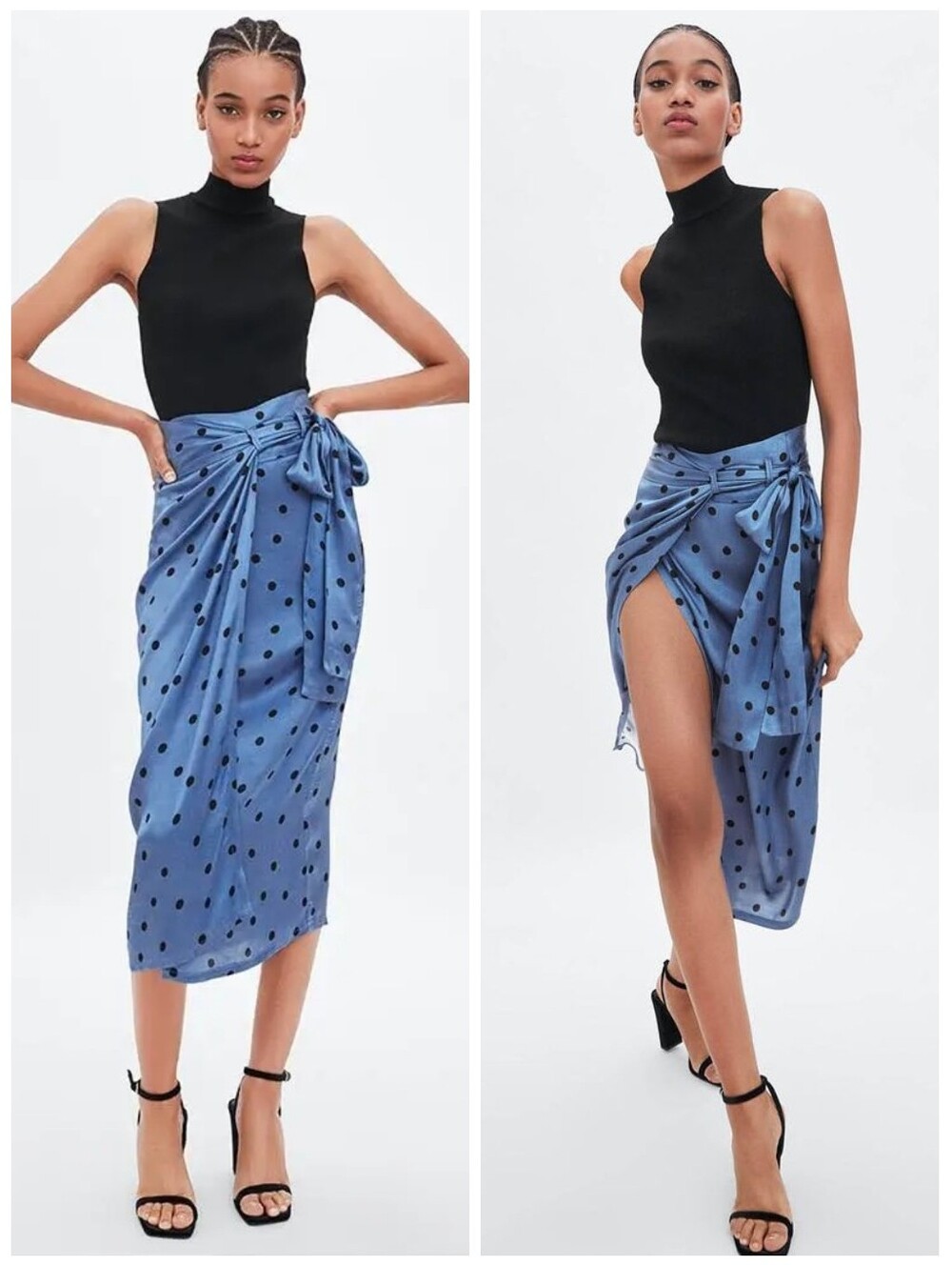 Zara Blue Polka Dot Side Wrap Viscose Midi Skirt S Resort Preppy NWT